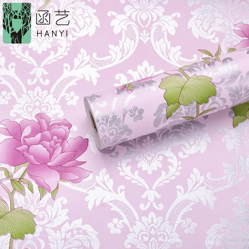 Wallpaper Dinding Batik Silver Bunga Pink 8m s/d 9m x 45cm