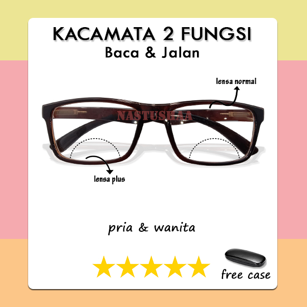 Kacamata Lensa Baca dan Jalan (+) Bingkai Kotak Coklat Gagang Ada Per Kacamata Bifocal Uk. +1.00 s.d +3.00 Pria/Wanita FREECASE