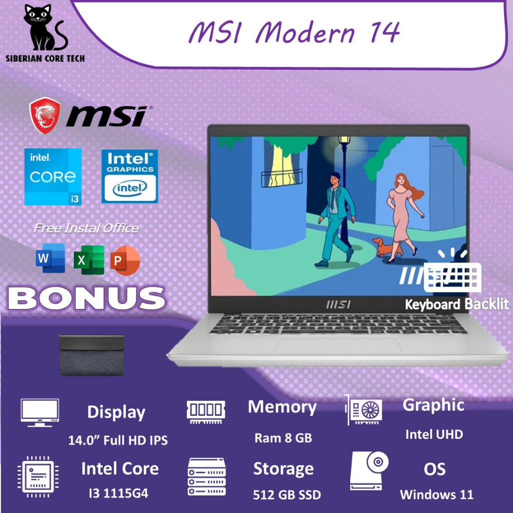 LAPTOP MSI MODERN 14 | I7 1195G7 | RAM 8GB | 512SSD | IRISXE | 14.0FHD IPS