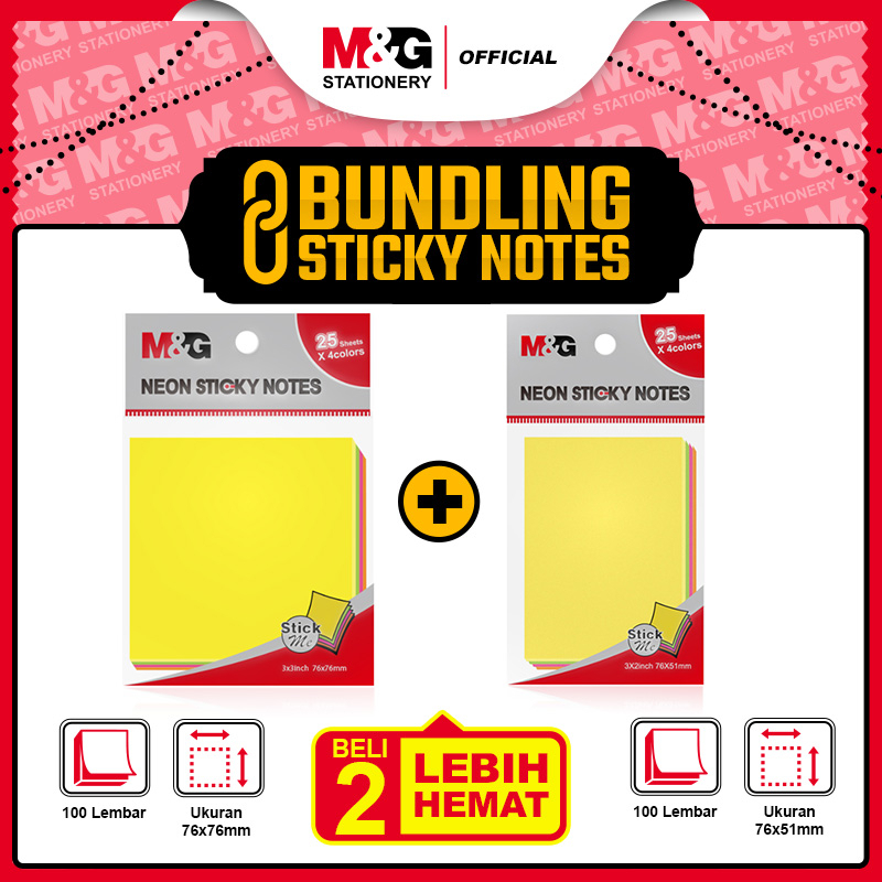 

BUNDLE M&G 3x2 Neon Color Sticky Notes 100 sheets(25sheets x 4colors) 76x51mm + 76x76mm