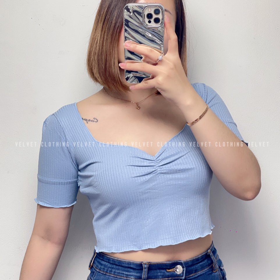 Crop Top Neci Squareneck Rib / Crop Top Polos Neci Wanita / Crop Lengan Pendek Knit Wanita 4166