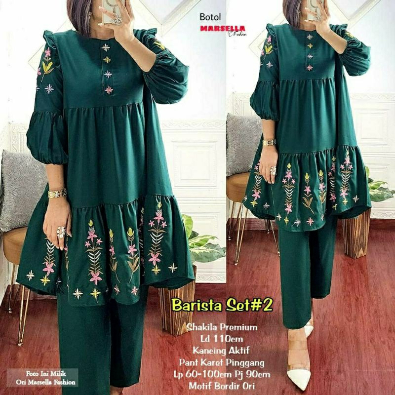 Barista Set #2, SETELAN TUNIK &amp; CELANA CANTIK MODIS FIT XXL LD 110 BAHAN SHAKILA PREMIUM MIX BORDIR TERMURAH TERLARIS OOTD