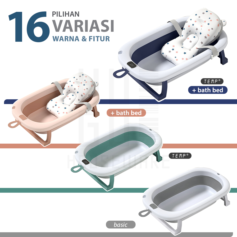 HUGO Foldable Baby Bath Tub / Bak Mandi Bayi Lipat dengan Pengukur Suhu dan Bantal Mandi Tempat Mandi Bayi Portable