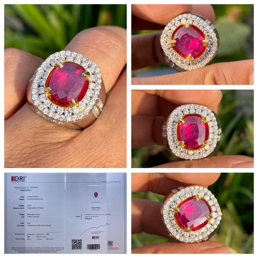 180JT NATURAL 4.03CT RED RUBY NO HEAT GOLD DIAMOND SERTI GRI