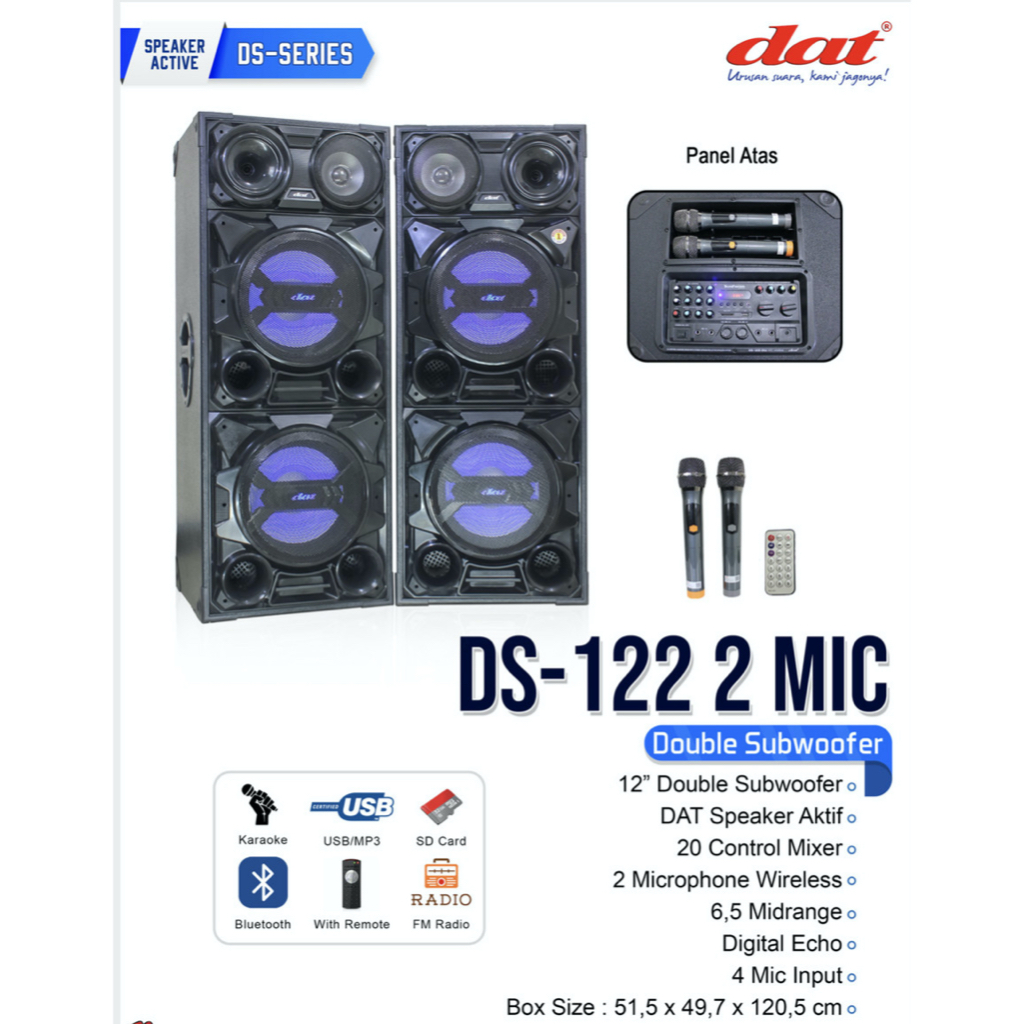 Speaker aktif Pasif dat ds 122 2 wireless mic 12 inch ds122 original