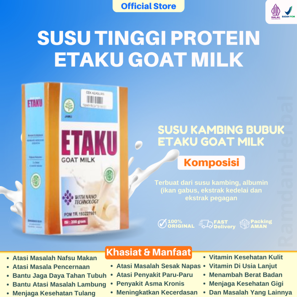 

Susu Tinggi Protein Etaku Goat Milk Susu Kambing Etawa Asli Murni Bubuk 200gr