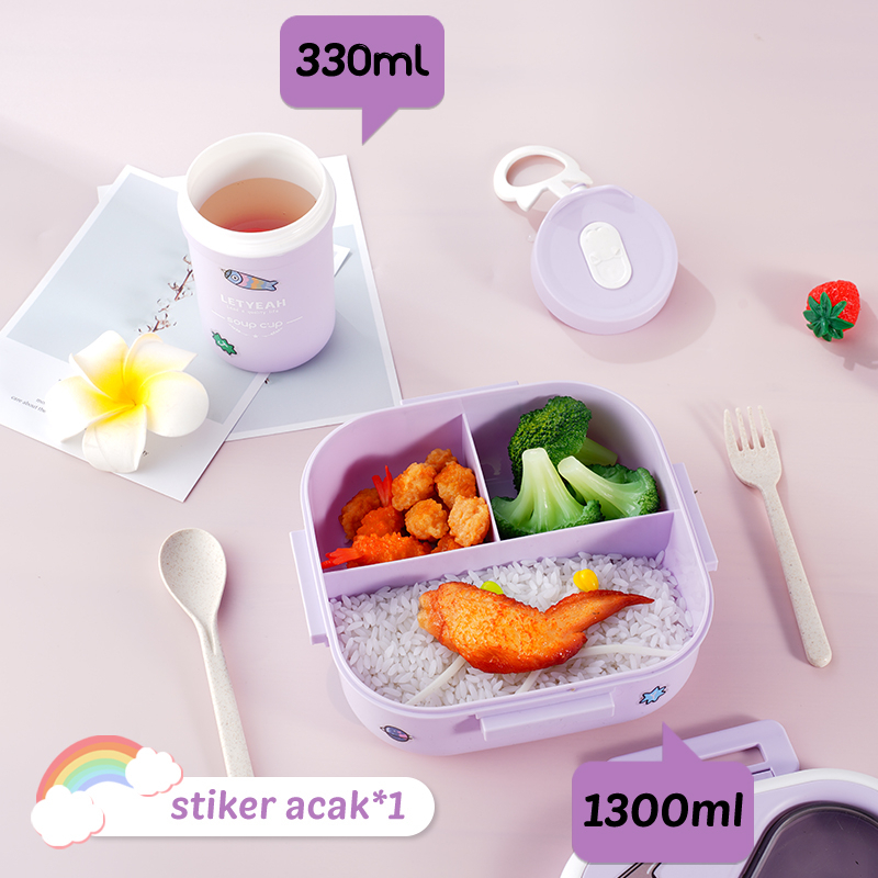 Letyeah &amp; Anantagt Kotak Makan Anak Anti Tumpah 3 Sekat Bpa Free Dengan Free Diy Sticker Set Lunch Box