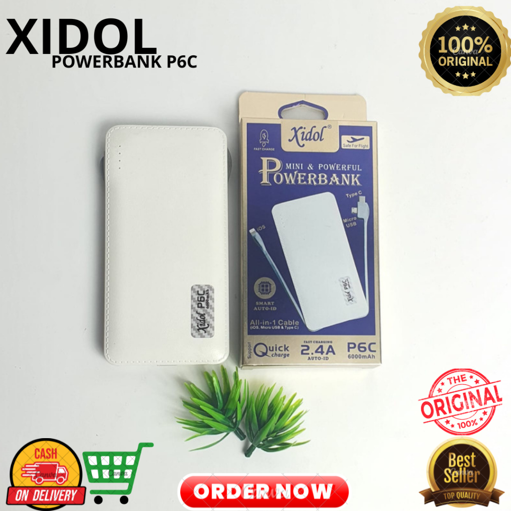 POWERBANK XIDOL FAST CHARGING P6C 6000 MAH 2.4 AMPERE TYPEX C MICRO USB IOS LIGHTNING QUICK CHARGE ALL IN ONE CABLE AUTO ID