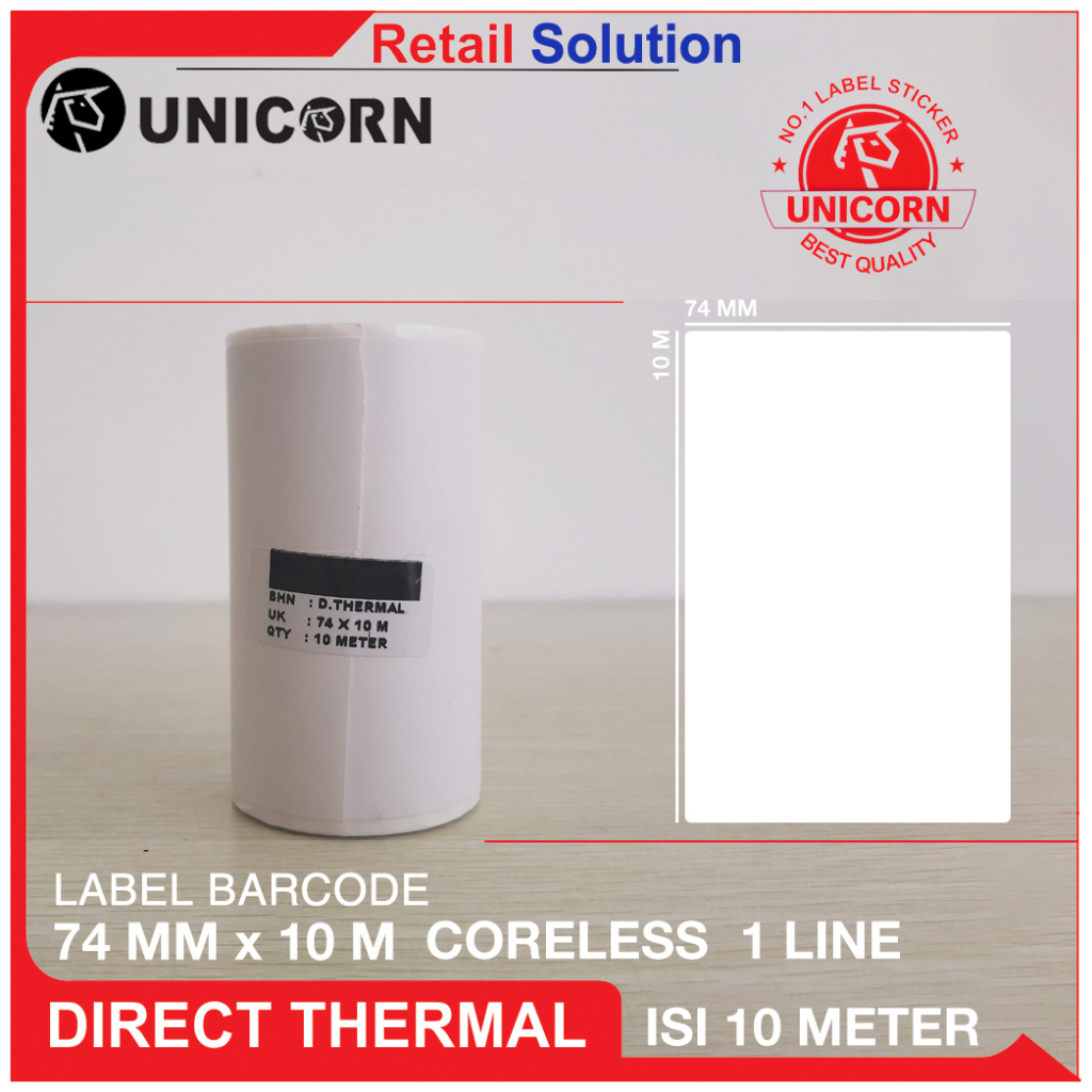 Unicorn Kertas Stiker Label Thermal 74mm x 10M / 74x10 / 74x10M - Printer 80mm