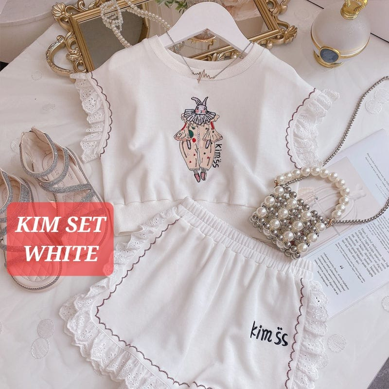 KIM SET BAJU SETELAN PUTIH ANAK CEWEK MODEL KOREA JEPANG RENDA FASHION CASUAL SANTAI