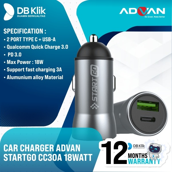 Car Charger Advan StartGo CC30A 18Watt 2Port USB A&amp;C 3 Ampere (H-406D)