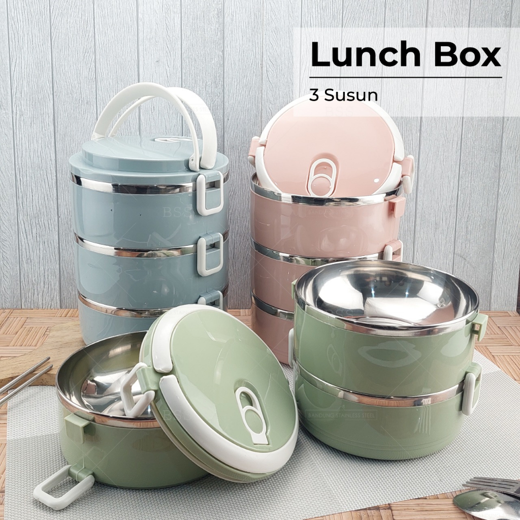 Rantang lunch box 3 susun polos lucu elegan tempat bekel makanan