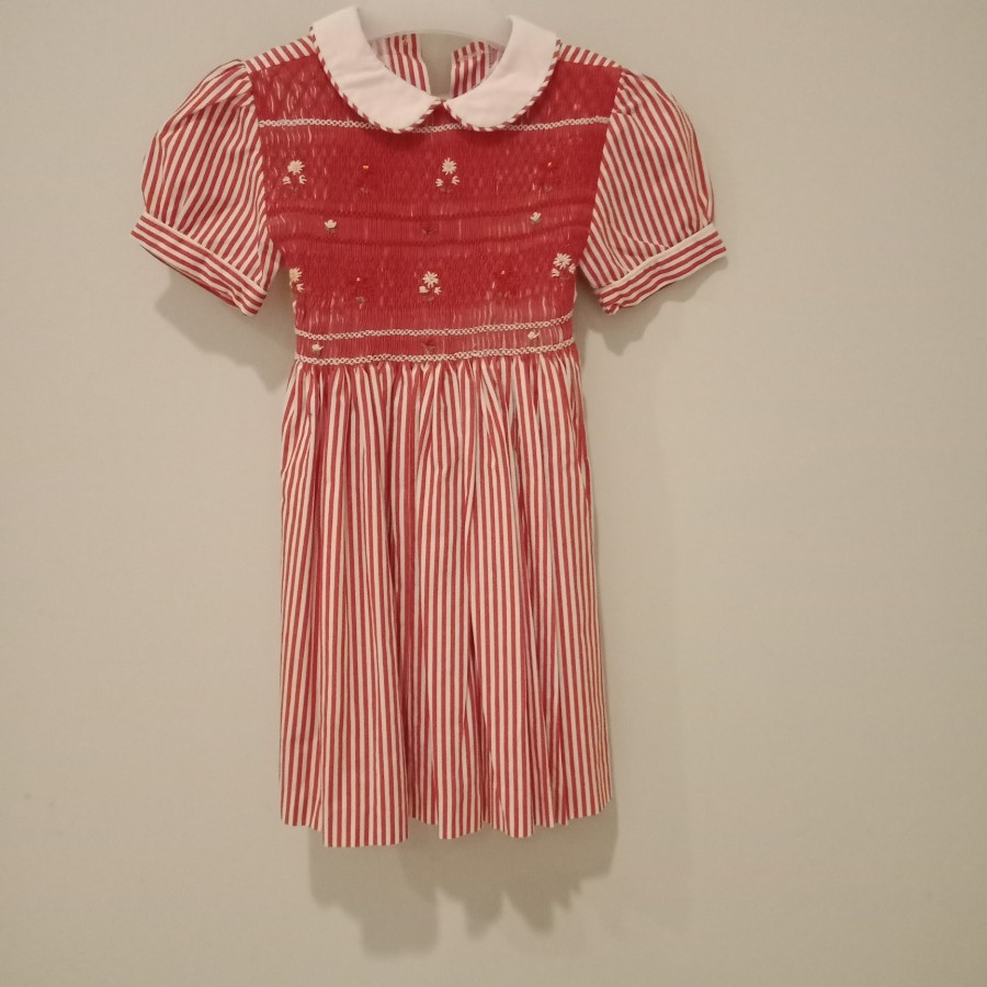 Preloved smocked dress anak red stripes 3years