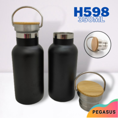Berkualitas Tumbler Dijual 350 H598 Termos [ Bambu Hitam HITAM Tutup ] - MINI ML/ Steel Stainless