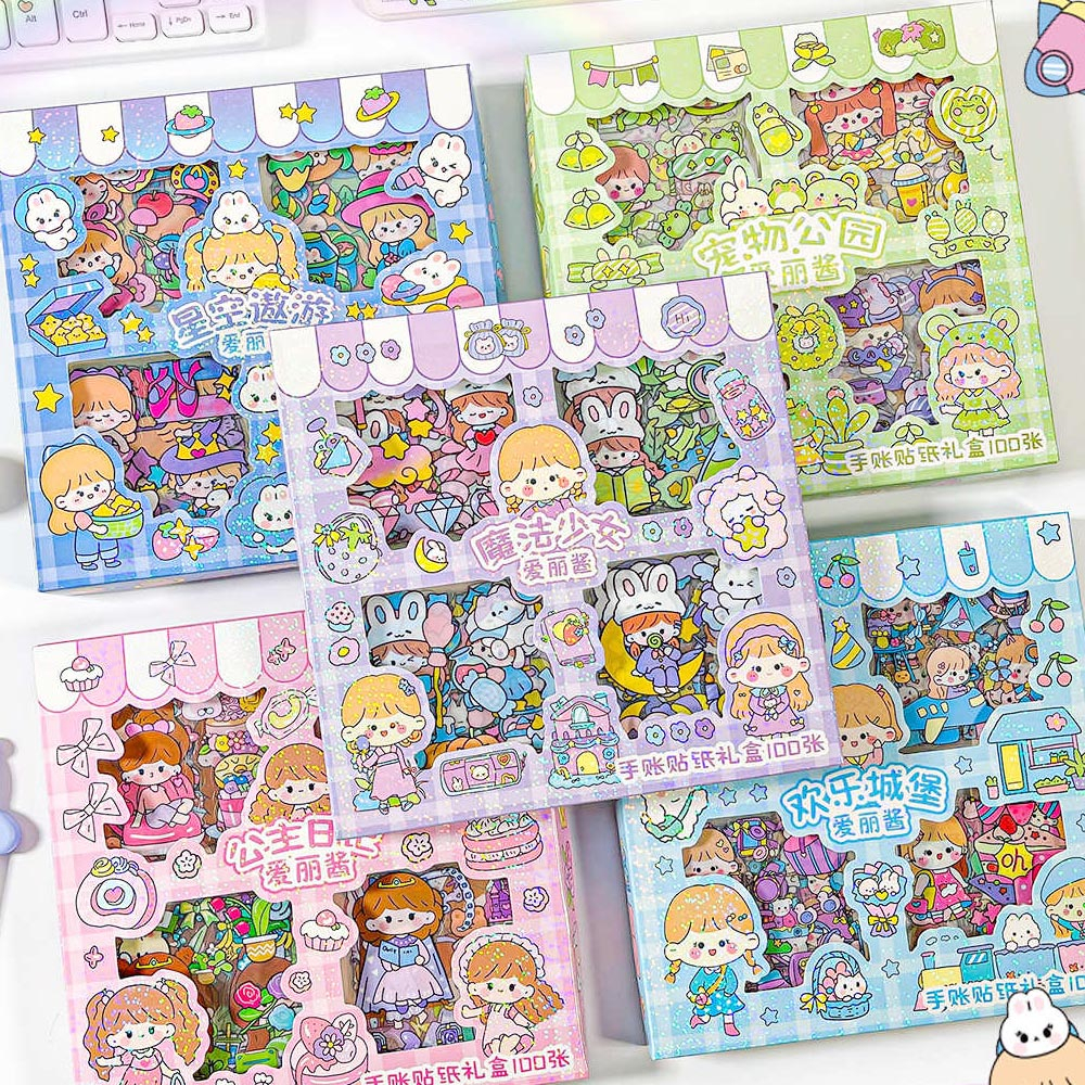 

100 Lembar Stiker Motif Kartun Korea Box PVC Anti Air Sticker Decorasi - Sticker Deco Stiker Hias ada BOX nya RANDOM