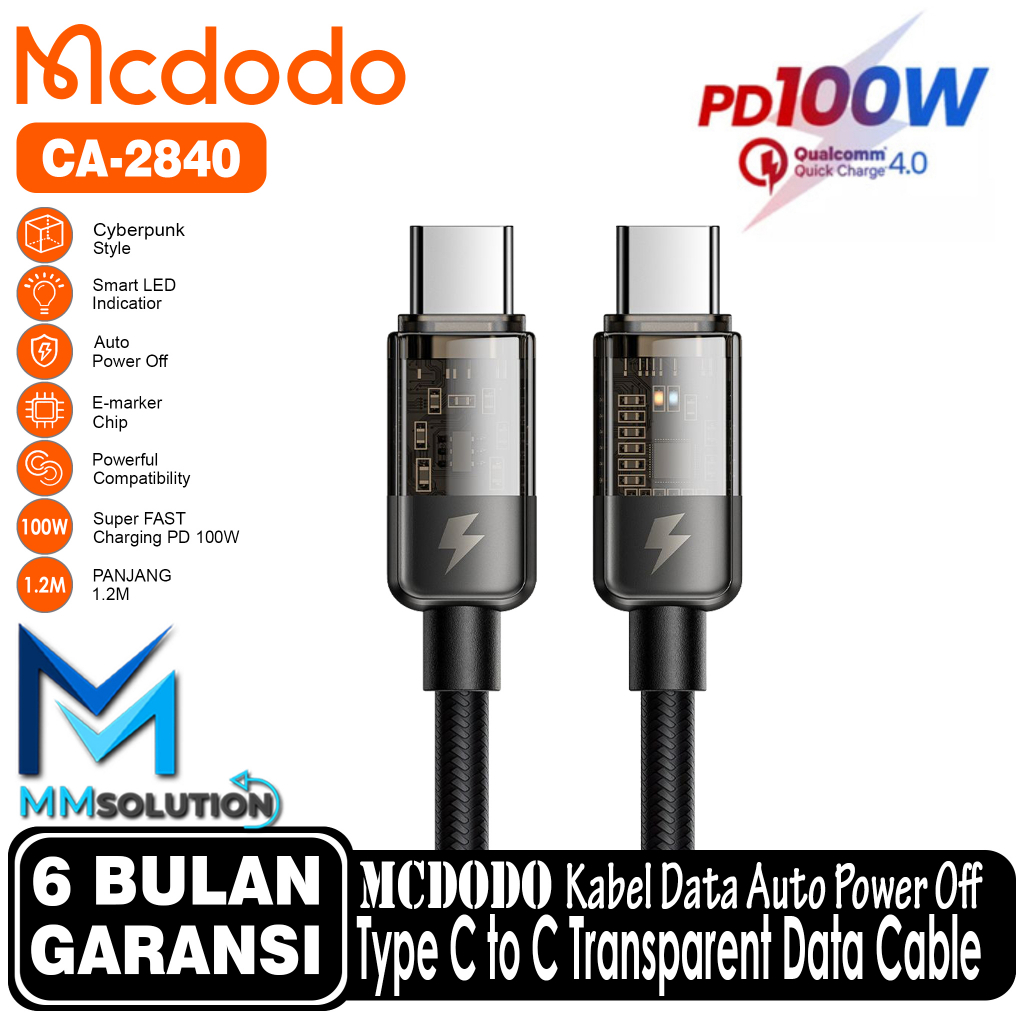 MCDODO CA-2840 Kabel PD Transparent Auto Power Off Type C to Type C