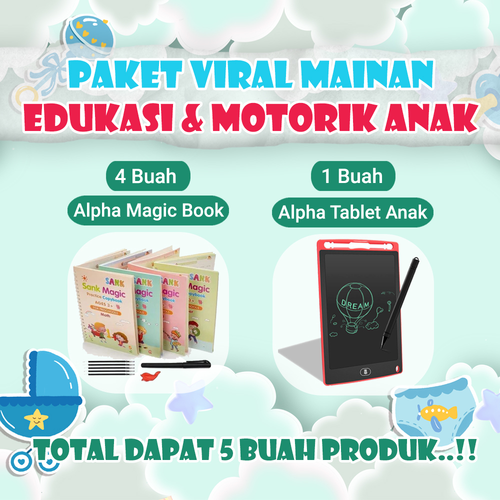 [COD] Viral Paket Mainan Edukasi Anak dan Motorik , 4 Alpha Sank Magic Book, 1 Tablet LCD Drawing,