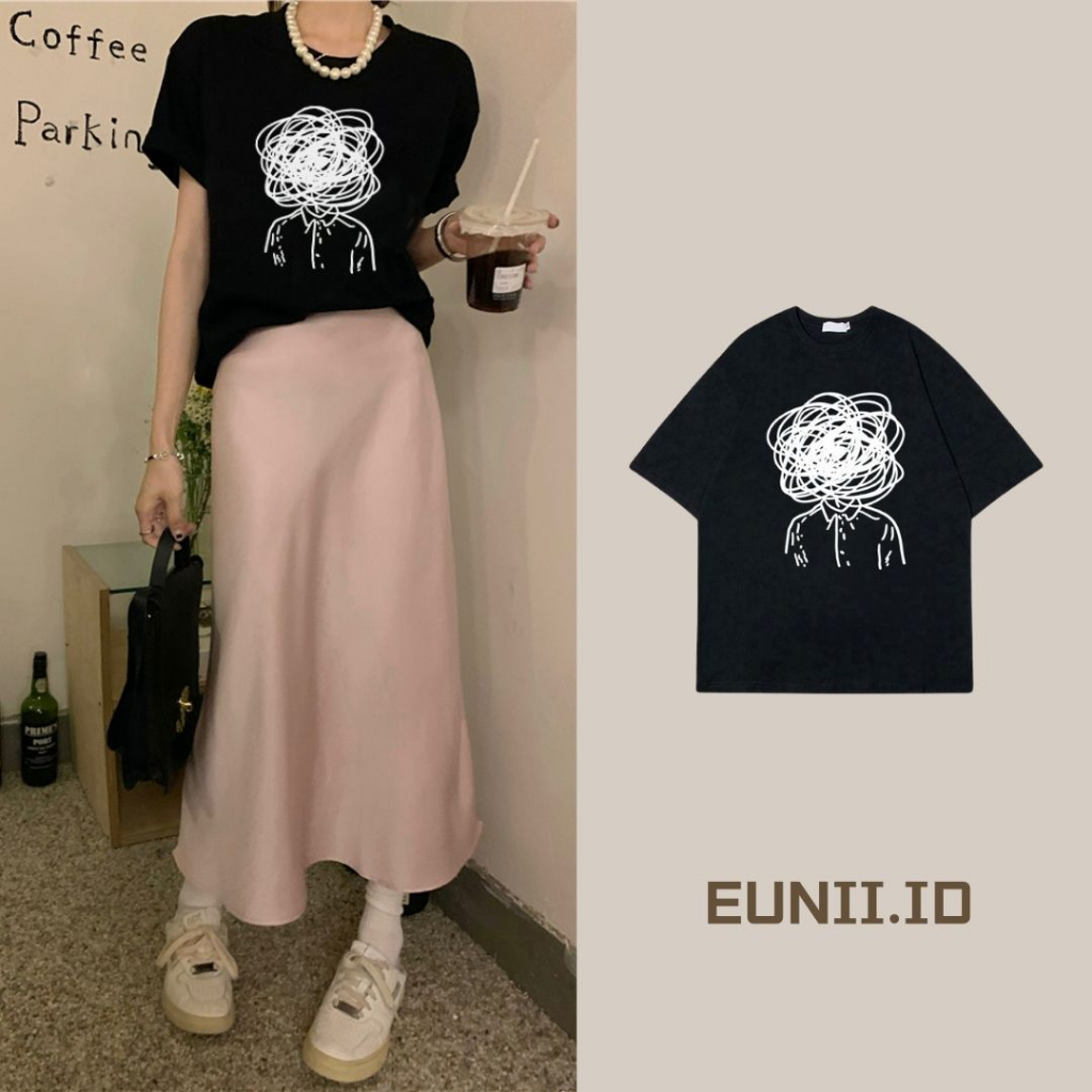 EUNII T-shirt Lengan Pendek Bad Day Printing Korean Style/Kaos Atasan Wanita/Baju Wanita/Kaos Wanita