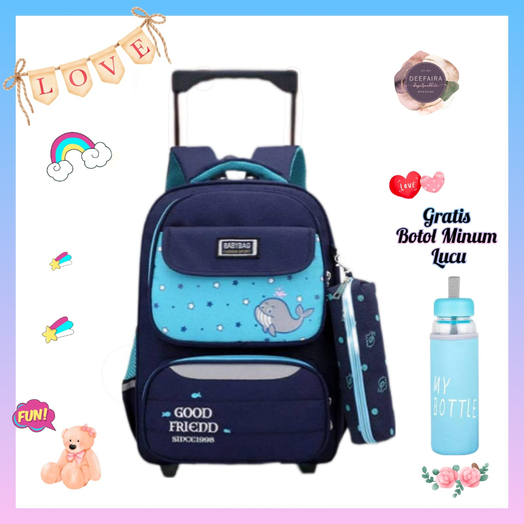 Tas Ransel Troli Anak Perempuan Model Pauss Bin Gratis Botol Minum Lucu Tk Paud Dan Sd