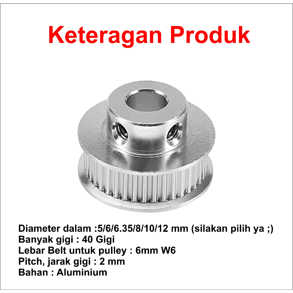 [HAEBOT] GT2 Pulley Timing CNC 40T W6 Bore 5 6 6.35 8 10 12 mm Puley 3D XL Printer Aluminium Pitch 2mm Aktuator Slider Router Mekanik 40 Teeth Gigi