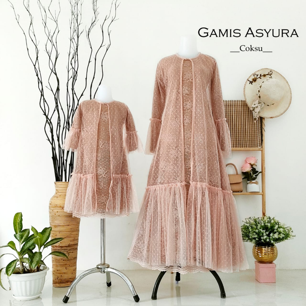 Gamis Asyura / Gamis Brukat + Outer Tille Dot / Gamis Couple / Gamis Cantik Anak dan Dewasa