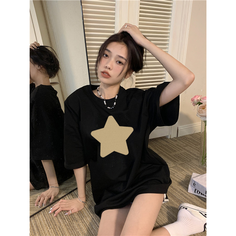 XiaoZhaiNv Kaos Atasan Oversize Wanita Cream Stars Pattern Lengan Pendek A0114