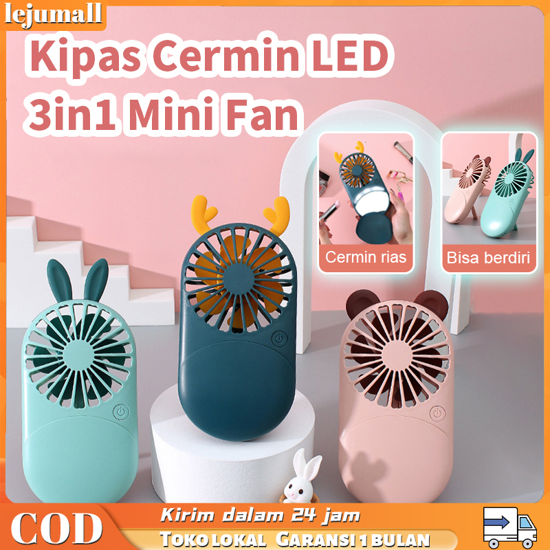 Kipas Cermin LED 3in1 Mini Fan Karakter Portabel  Angin Multifungsi