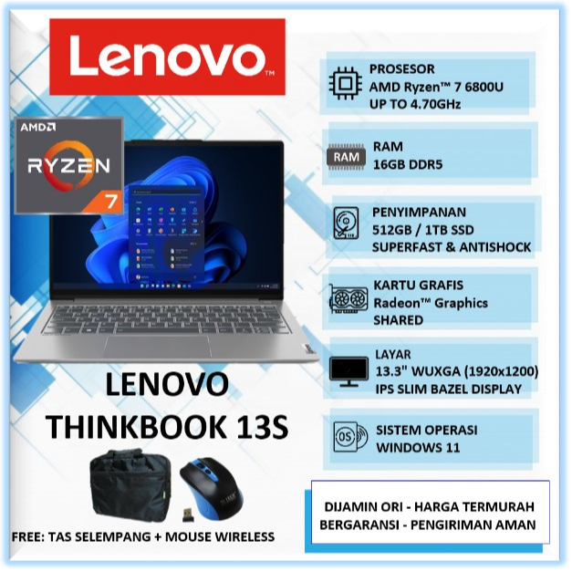Laptop Baru Lenovo Thinkbook 13s Amd Ryzen 7 6800U Ram 16GB DDR5 1TB SSD 13" WUXGA IPS Windows 11 Pr