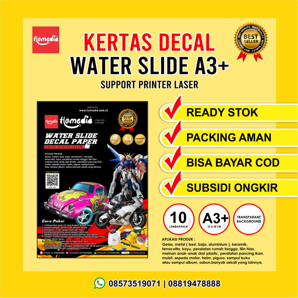 

Kertas Water Slide Decal Transparan Ukuran A3 untuk PRINTER LASER Homedia