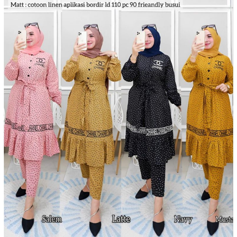 QF. Setelan Tunik Motif Polkadot  / tunik / setelan wanita / setelan tunik wanita / setelan tunik mu