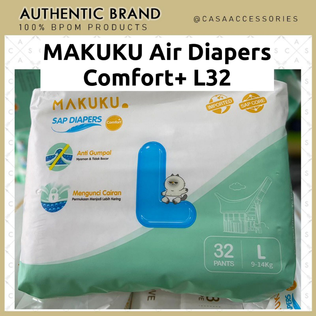 MAKUKU SAP Diapers Comfort+ plus Pants L32 Popok Bayi Tipis Extra Dry Anti Gumpal Mengunci Cairan Cepat Kering