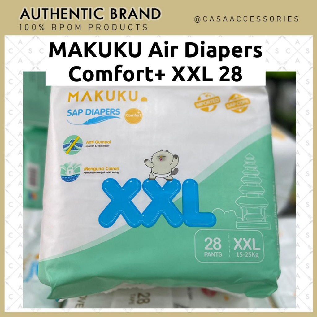 MAKUKU SAP Diapers Comfort+ plus Pants XXL28 / Popok Tipis Extra Dry Anti Gumpal Mengunci Cairan Cepat Kering Type Celana