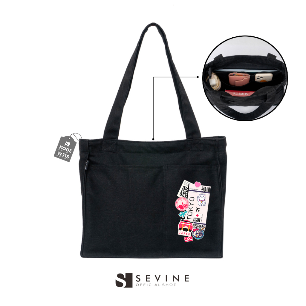 Sevine Totebag Kanvas Rebecca Tas Wanita Tote Bag Kuliah Sekolah Kerja Sekat Laptop Hitam Elegan Aesthetic - WJ