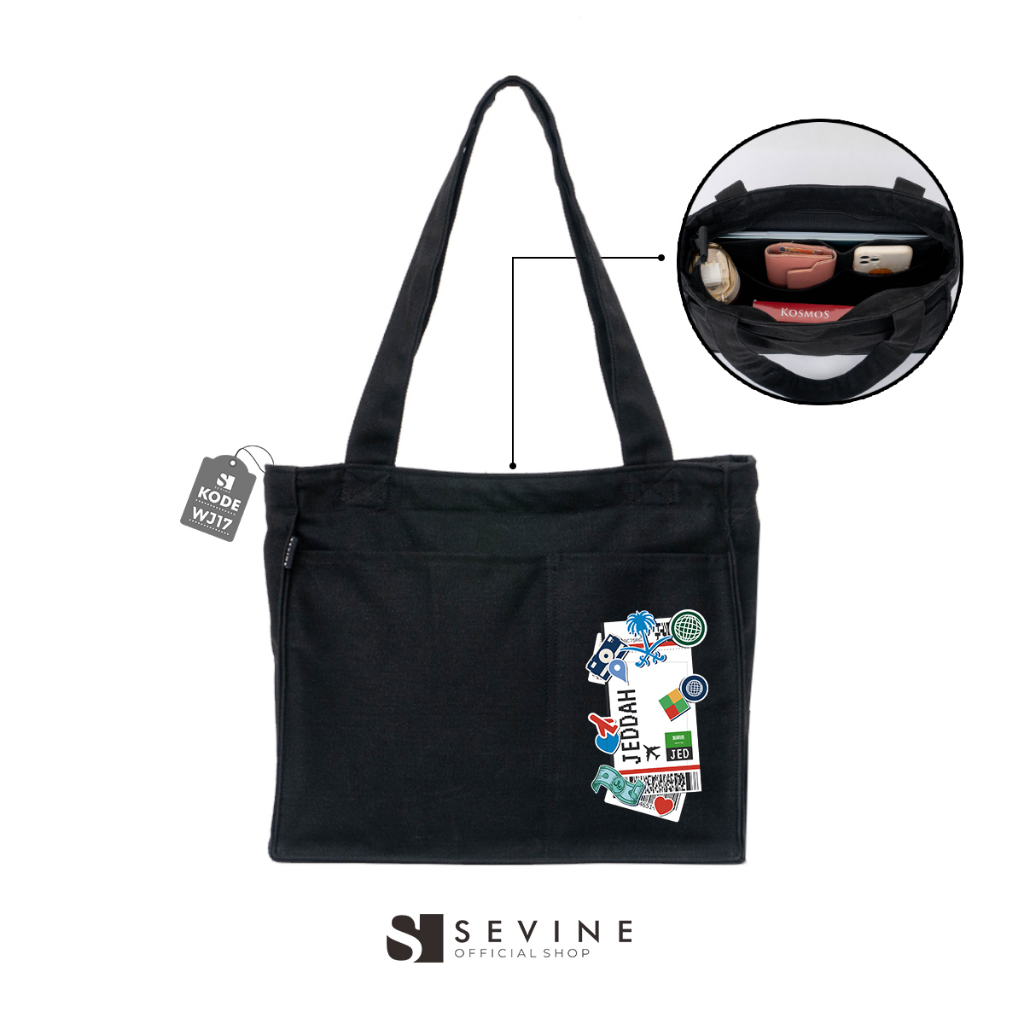 Sevine Totebag Kanvas Rebecca Tas Wanita Tote Bag Kuliah Sekolah Sekat Tebal Laptop Hitam Elegan Aesthetic - WJ