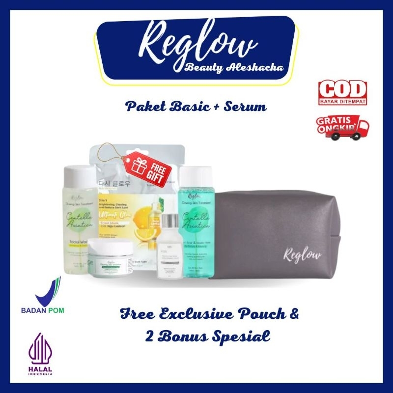 Skincare REGLOW paket basic dengan Serum, anti aging, mencerahkan, anti jerawat, bebas flek