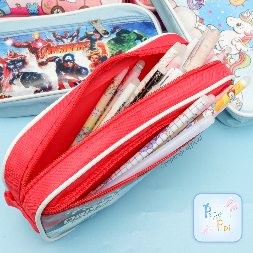 Kotak Pensil 2 Ruang PCK-012 Karakter Tempat Pensil Wadah Pensil Kostak Pouch makeup Kosmetik Pencil Case Spiderman Car Avengers Hello kitty Little Ponny Frozen