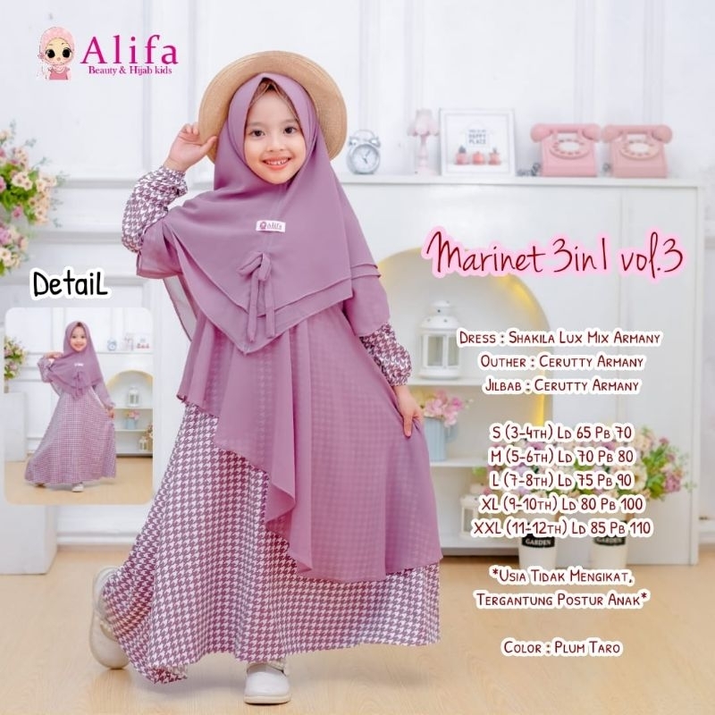 Marinet 3 in 1 Kids by Alifa | Gamis Set Outer Jilbab Bahan Shakila Mix Ceruty