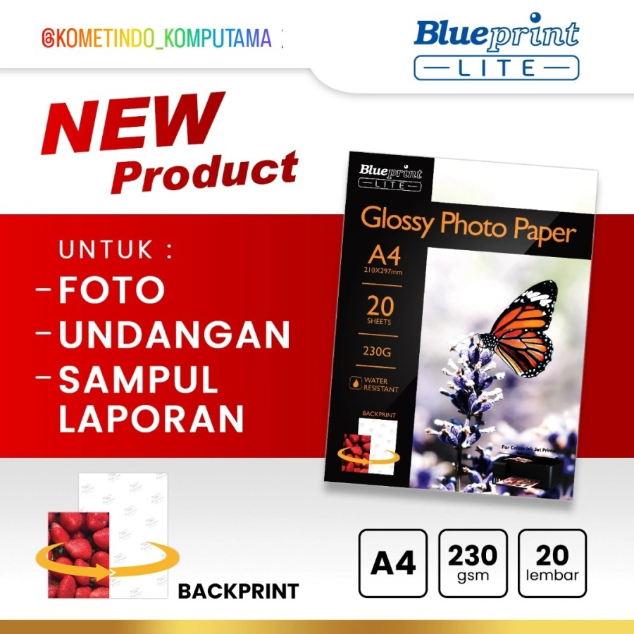 Kertas Foto 230 gsm Glossy Photo Paper A4 10R BLUEPRINT LITE 20 Lembar