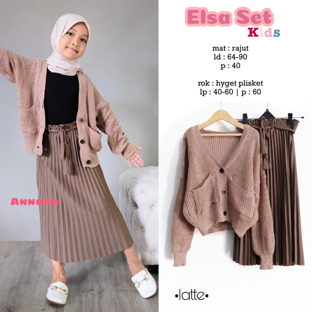 ELSA SET KIDS ANAK BY ANNORA BAHAN OUTWARE CARDI KNIT RAJUT ROK HYGET PLISKET KOREA STYLE