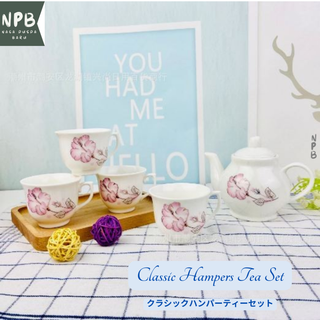 Set Hampers 1 Teko 4 Cangkir Keramik Putih - Classic Hampers Tea Set