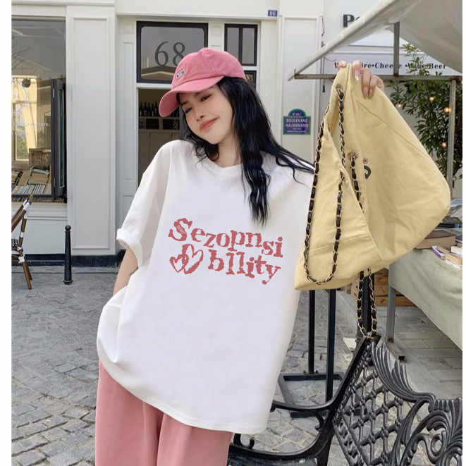 korean style oversize baju kaos wanita lengan pendek pink letter motif kaos puith kekinian import