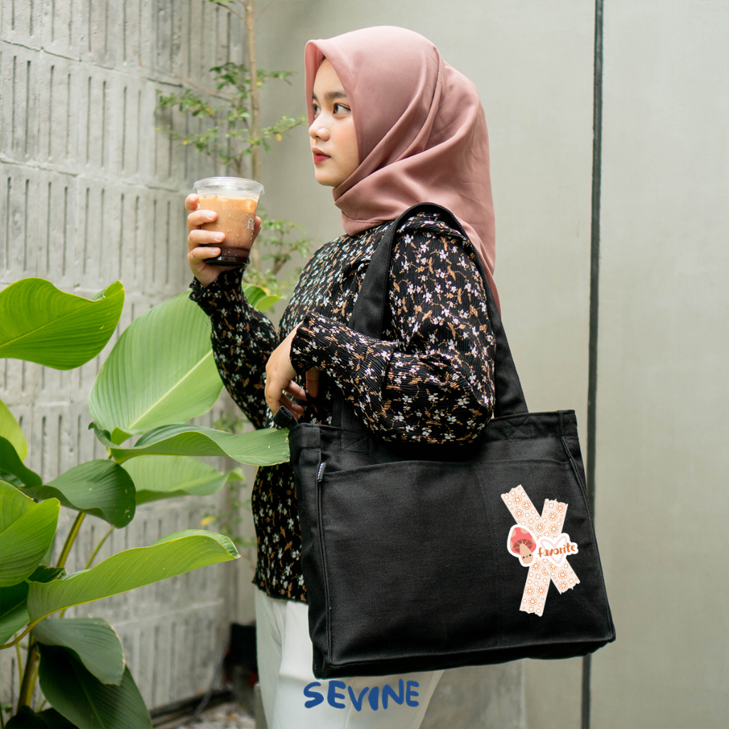 Sevine Totebag Kanvas Rebecca Tas Wanita Tote Bag Kuliah Sekolah Kerja Sekat Laptop Hitam Elegan Aesthetic - PB