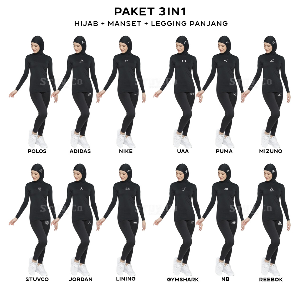 PAKET 3IN1 OLAHRAGA WANITA BASELAYER JARI THUMBHOLE LEGGING PANJANG DAN KERUDUNG HIJAB OLAHRAGA SEPEDA RENANG GYM FITNESS YOGA