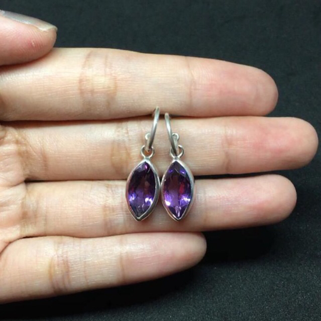 Marquise Amethyst Hook Silver Earrings (Anting Perak Kait Amethyst Marquise)