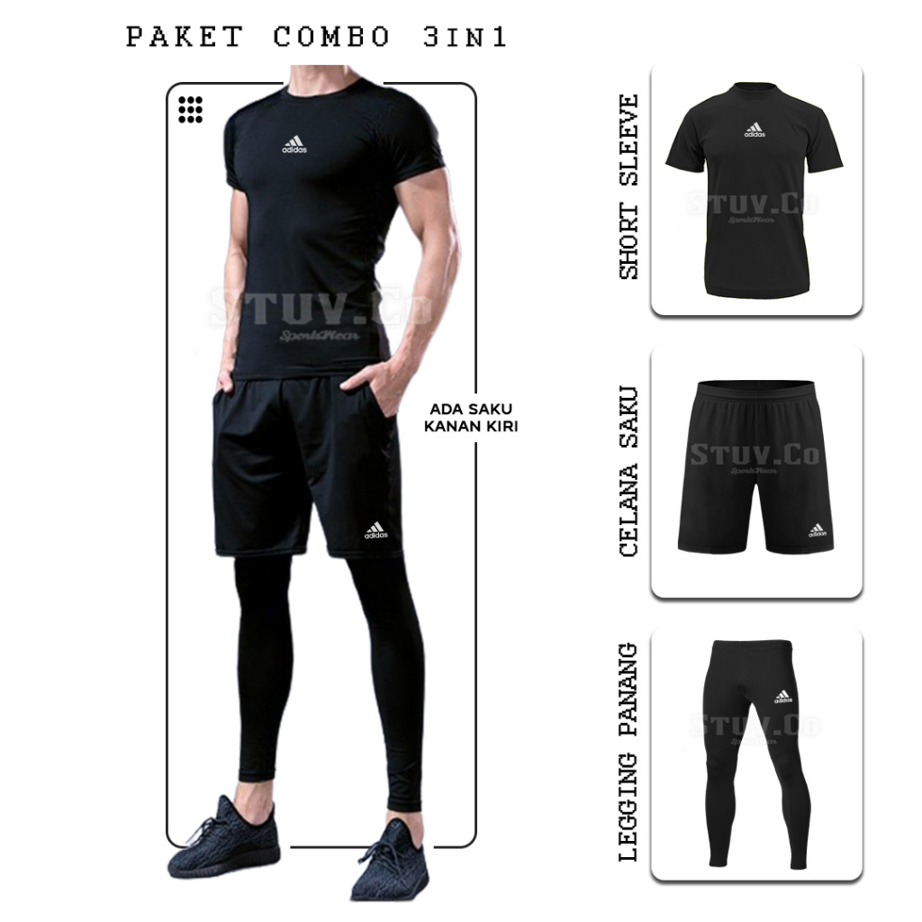 PAKET 3IN1 OLAHRAGA MANSET BASELAYER LENGAN PENDEK LEGGING PANJANG DAN CELANA FUTSAL SAKU