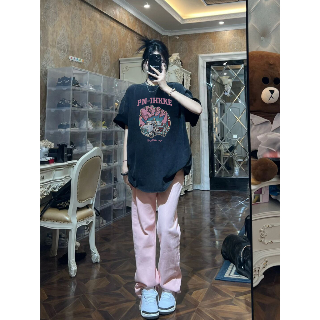 EUNII T-shirt Lengan Pendek Black Washed Vintage Pink Car Printing Korean Style/Kaos Atasan Wanita/Baju Wanita