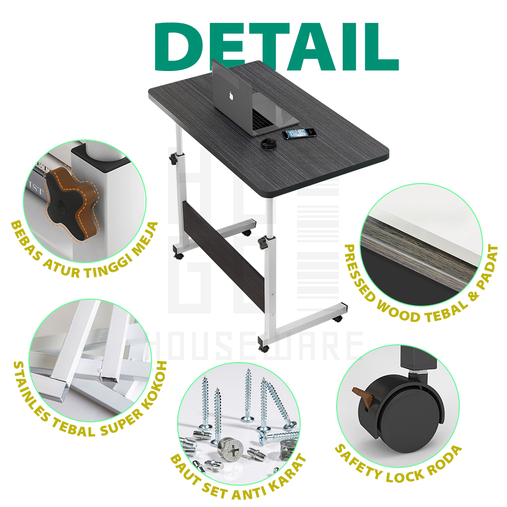 Meja Laptop Belajar Serbaguna / Meja Roda Portable Stand Tinggi HUGO