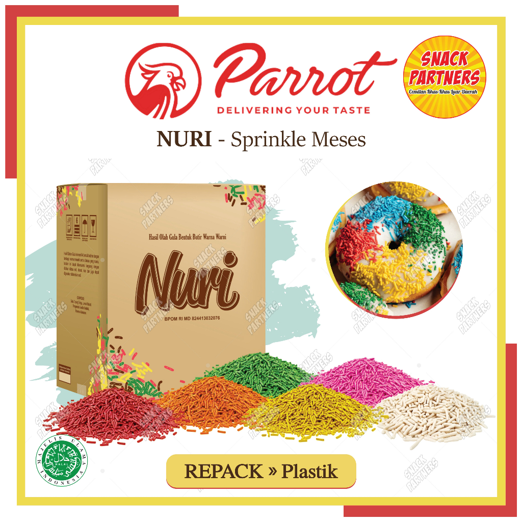 

NURI MESSES Repack 100 250 GR - PARROT Meises / Sprinkle Coklat Rainbow Putih Merah Pink Muda Orange Hijau Kuning - Topping Meses Taburan Donut Roti Kue Cake Chocolate Pelangi Warna-Warni - Timbangan Kiloan - Springkle Chocorice Ceres Premium