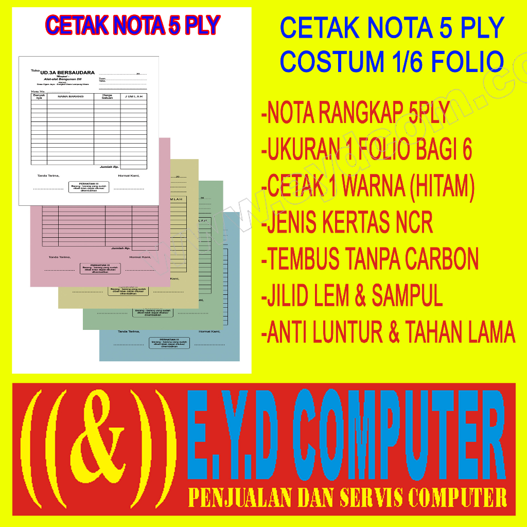 

CETAK NOTA 5 PLY 1 FOLIO BAGI 6 KERTAS NCR COSTUM ISI RANGKAP CEK BON KWITANSI SURAT JALAN