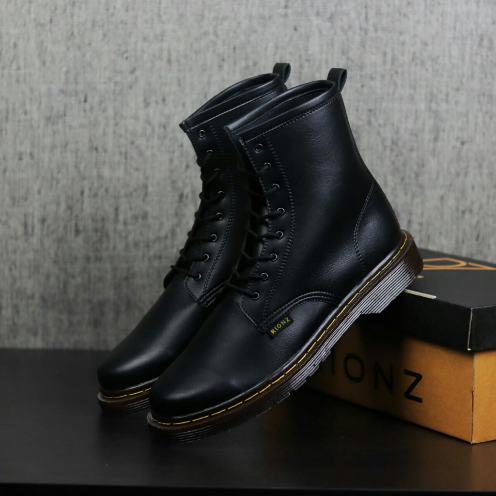 RIONZ PARGAS BLACK BROWN - Sepatu Boot Pria Fashion Kasual Formal Boots Cowok Hitam Coklat Kulit PU PDH Dokmar Casual Gaya Kekinian Trend Terbaru Terlaris Murah